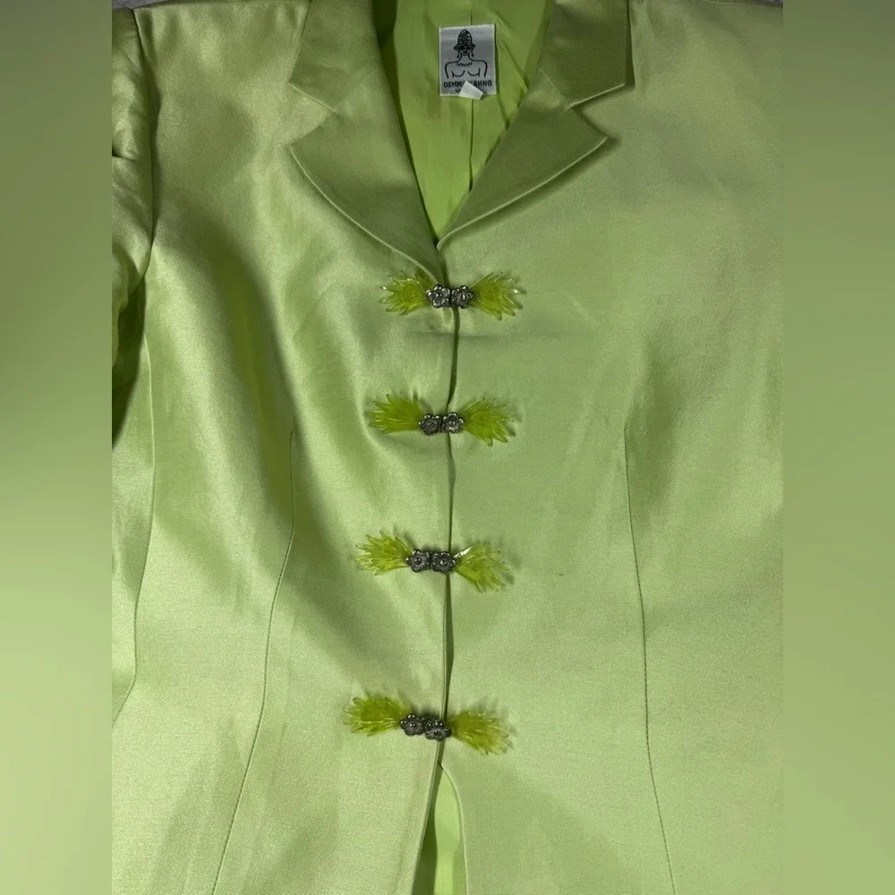 Rare Vintage Gemma Kahng New York Green Silk Cotton Blend Blazer Skirt Set 8